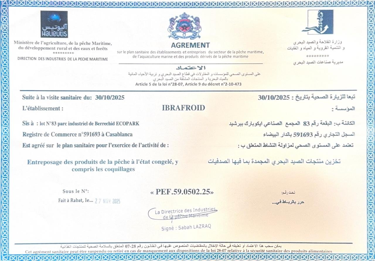 Certificat Agrément ONSSA - Produits de la pêche